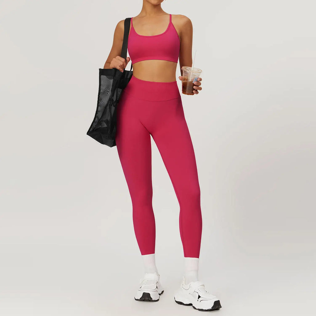 Hot Selling 2024 Women's Compression Scrunch Back Yoga Leggings and Bra Set Seamless Adjustable Breathable and Lightweight