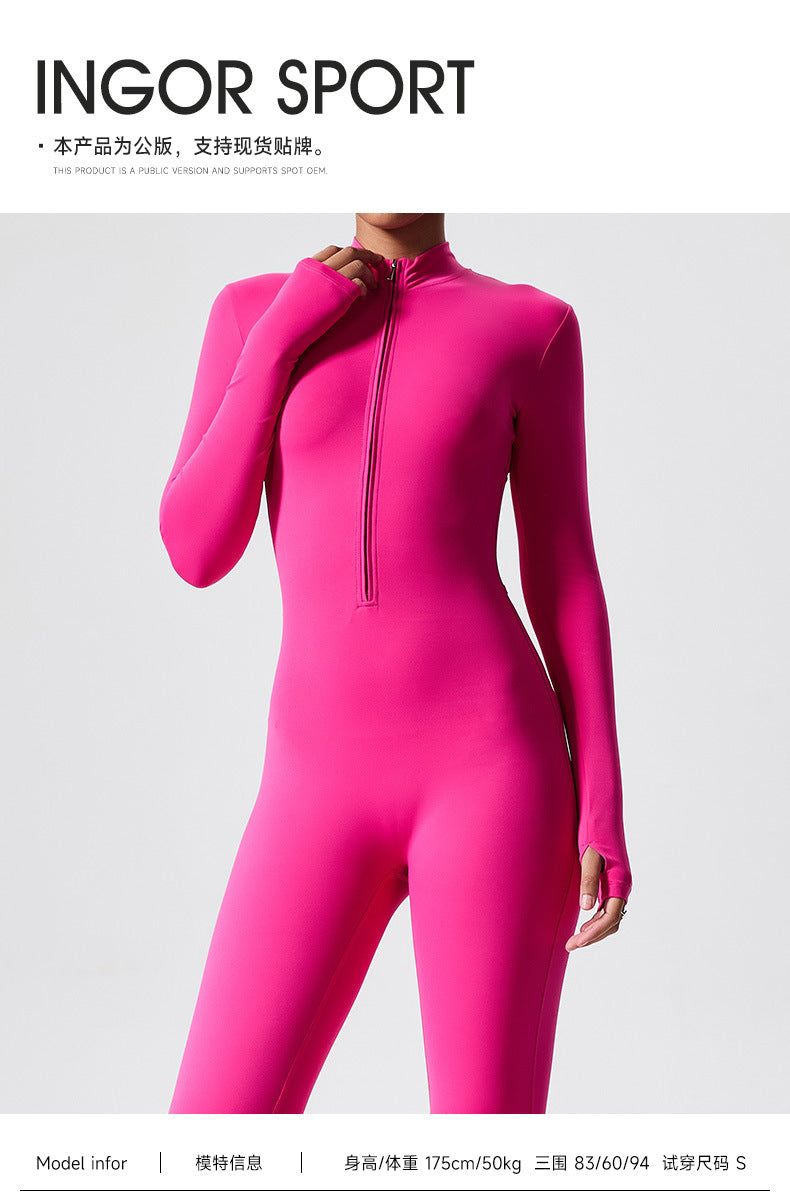 Cross-border long-sleeved outdoor sports jumpsuit fitness suit zipper training tight-fitting hip-lifting sports one-body yoga suit