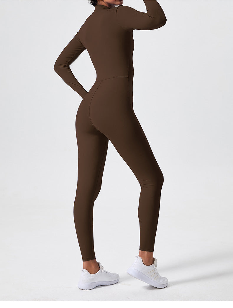 Cross-border long-sleeved outdoor sports jumpsuit fitness suit zipper training tight-fitting hip-lifting sports one-body yoga suit