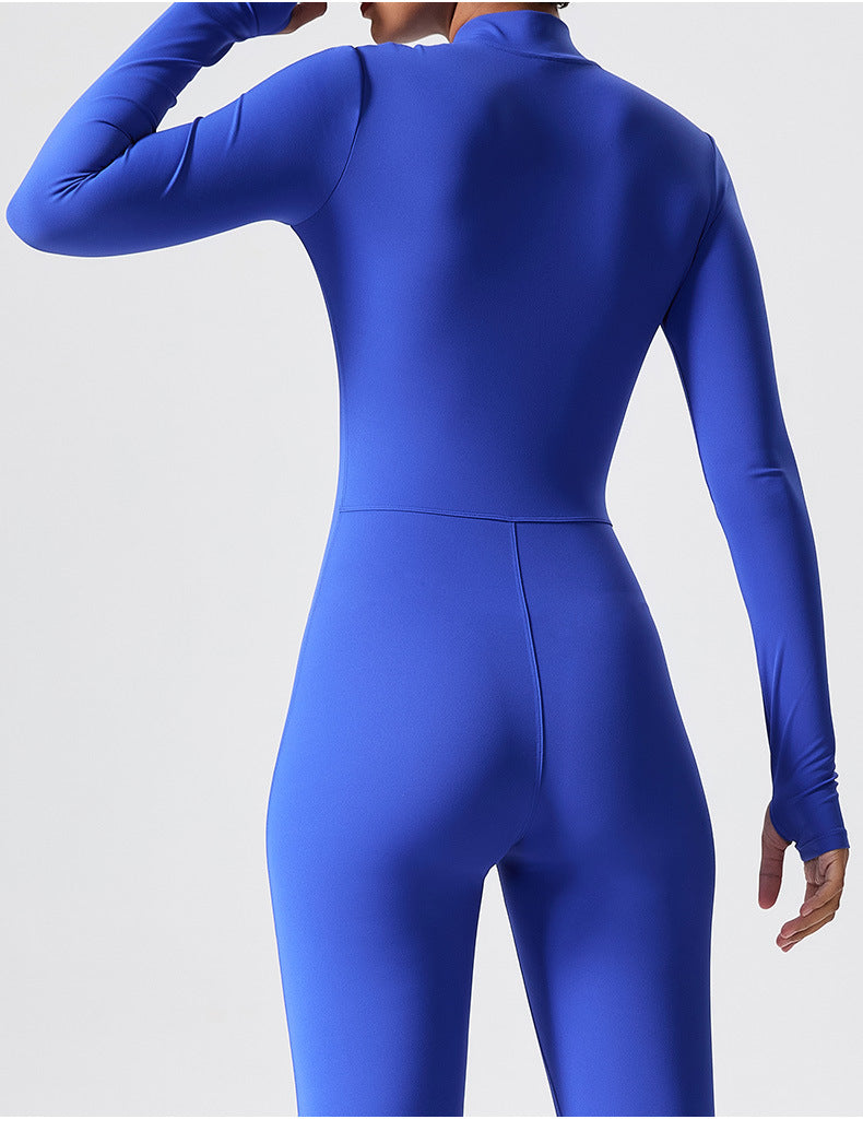 Cross-border long-sleeved outdoor sports jumpsuit fitness suit zipper training tight-fitting hip-lifting sports one-body yoga suit