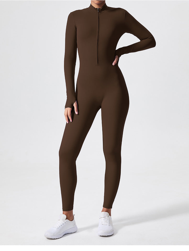 Cross-border long-sleeved outdoor sports jumpsuit fitness suit zipper training tight-fitting hip-lifting sports one-body yoga suit