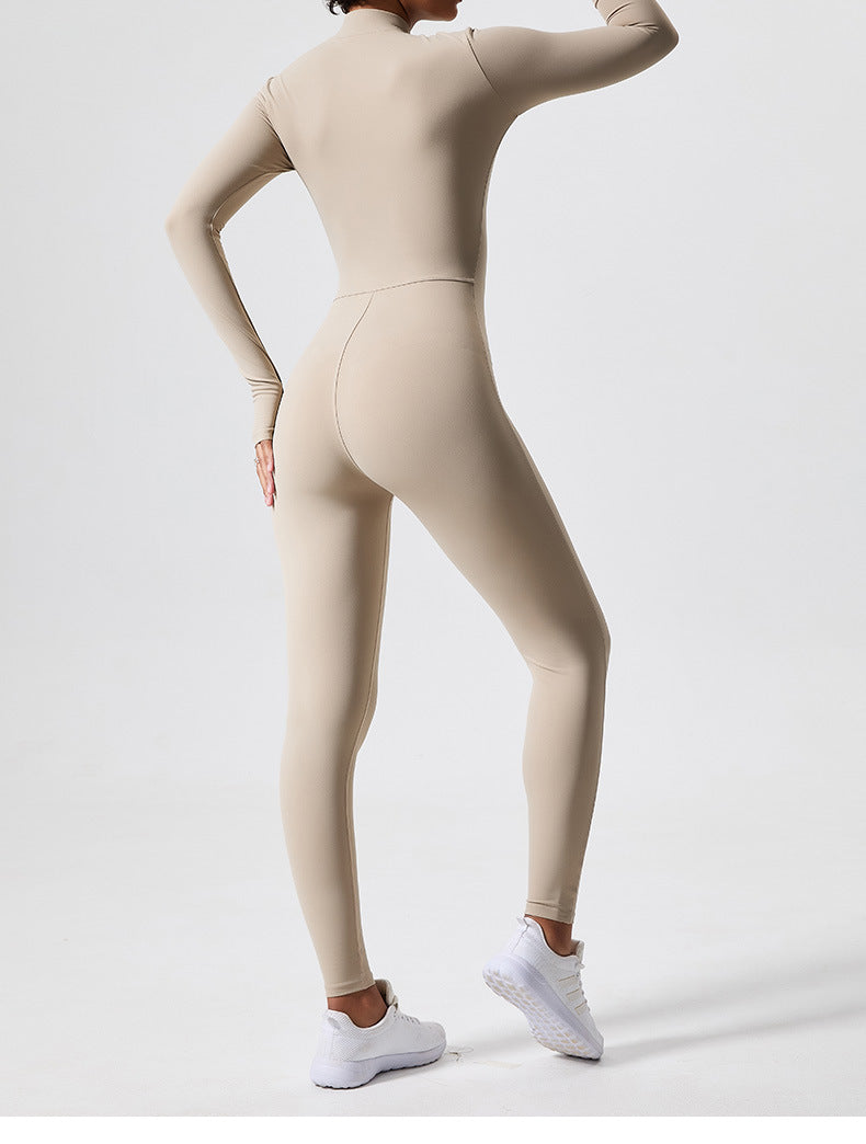 Cross-border long-sleeved outdoor sports jumpsuit fitness suit zipper training tight-fitting hip-lifting sports one-body yoga suit
