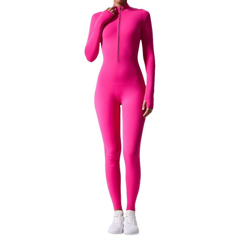Cross-border long-sleeved outdoor sports jumpsuit fitness suit zipper training tight-fitting hip-lifting sports one-body yoga suit