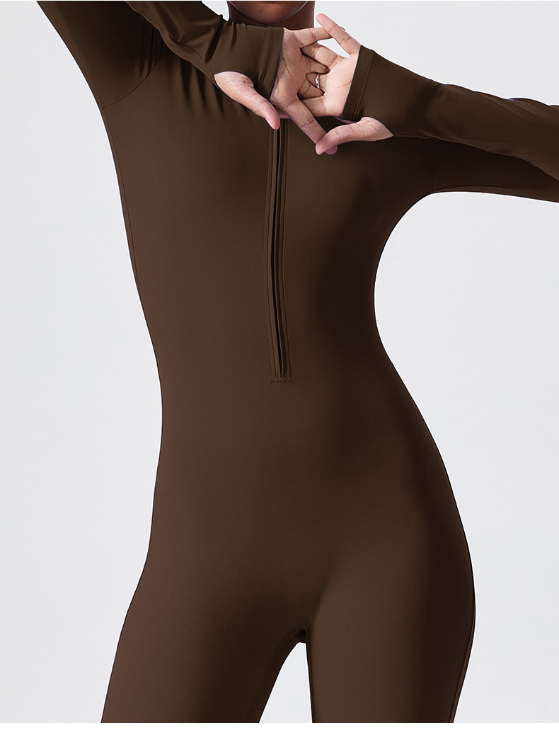 Cross-border long-sleeved outdoor sports jumpsuit fitness suit zipper training tight-fitting hip-lifting sports one-body yoga suit