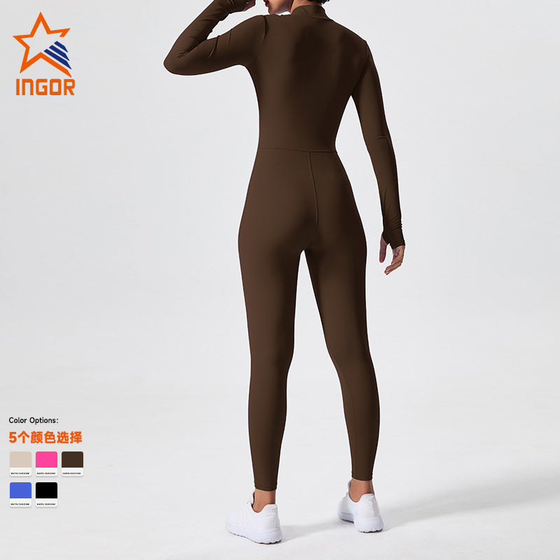 Cross-border long-sleeved outdoor sports jumpsuit fitness suit zipper training tight-fitting hip-lifting sports one-body yoga suit