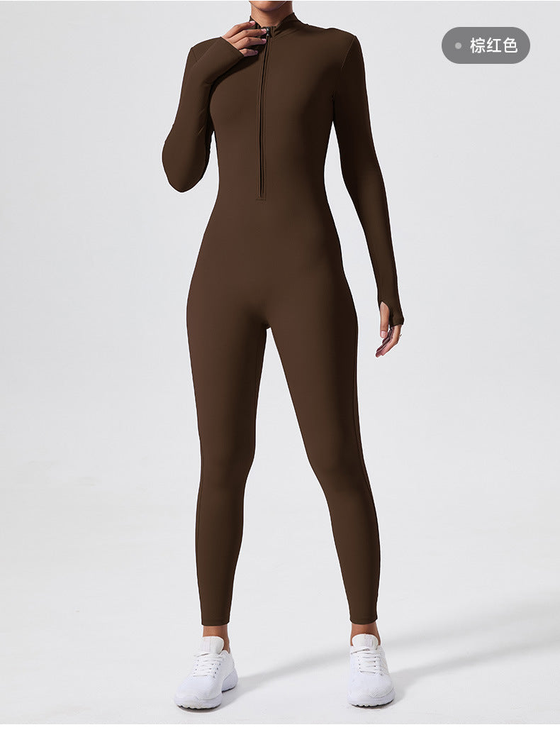 Cross-border long-sleeved outdoor sports jumpsuit fitness suit zipper training tight-fitting hip-lifting sports one-body yoga suit