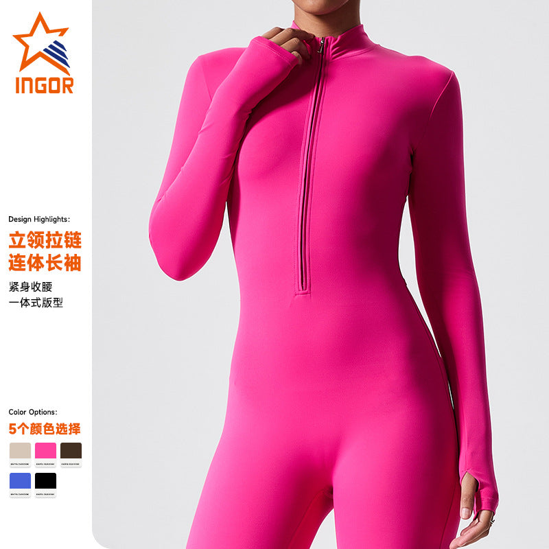 Cross-border long-sleeved outdoor sports jumpsuit fitness suit zipper training tight-fitting hip-lifting sports one-body yoga suit